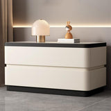 Modern Minimalist Rectangular Stone-Slab Solid Wood Nightstand with Cat's-Paw Leather, 2-Drawer Bedroom Table