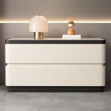 Modern Minimalist Rectangular Stone-Slab Solid Wood Nightstand with Cat's-Paw Leather, 2-Drawer Bedroom Table