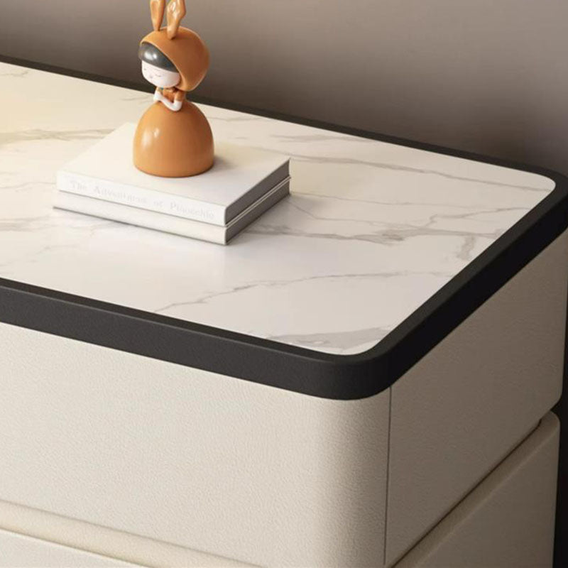 Modern Minimalist Rectangular Stone-Slab Solid Wood Nightstand with Cat's-Paw Leather, 2-Drawer Bedroom Table