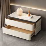 Modern Minimalist Rectangular Stone-Slab Solid Wood Nightstand with Cat's-Paw Leather, 2-Drawer Bedroom Table