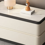 Modern Minimalist Rectangular Stone-Slab Solid Wood Nightstand with Cat's-Paw Leather, 2-Drawer Bedroom Table