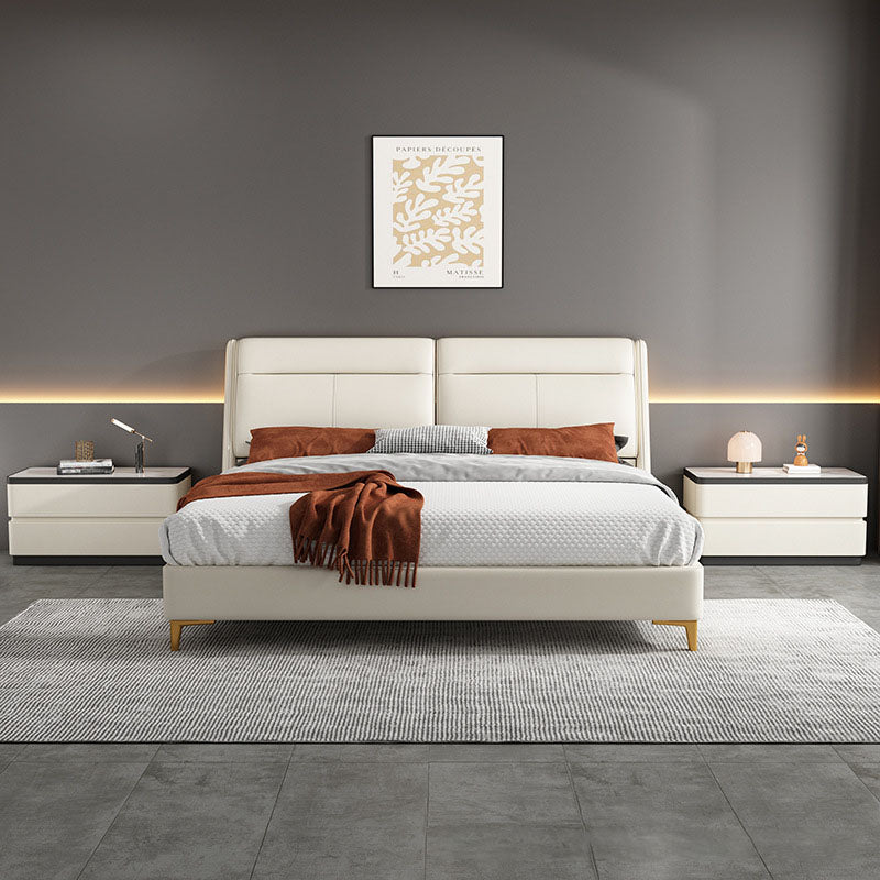 Modern Minimalist Rectangular Stone-Slab Solid Wood Nightstand with Cat's-Paw Leather, 2-Drawer Bedroom Table