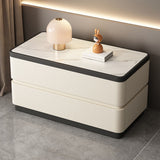 Modern Minimalist Rectangular Stone-Slab Solid Wood Nightstand with Cat's-Paw Leather, 2-Drawer Bedroom Table