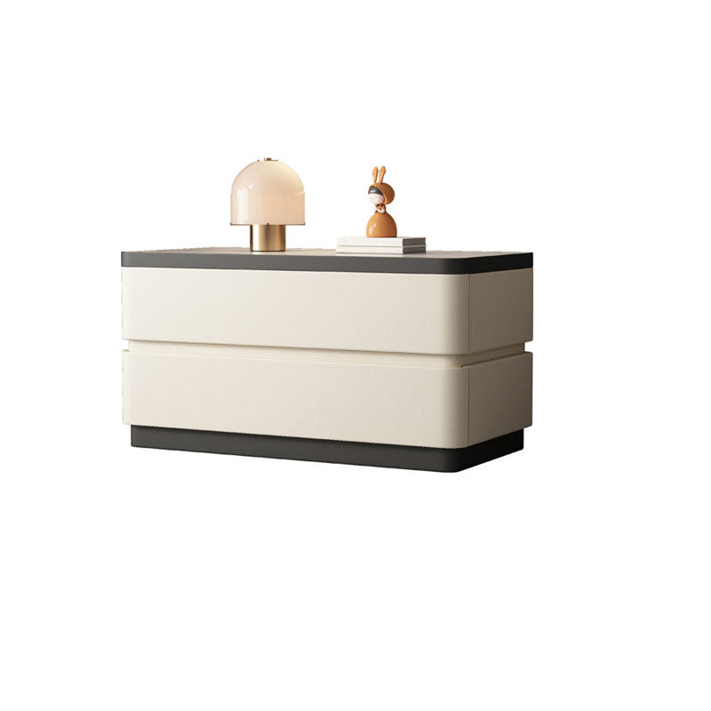 Modern Minimalist Rectangular Stone-Slab Solid Wood Nightstand with Cat's-Paw Leather, 2-Drawer Bedroom Table
