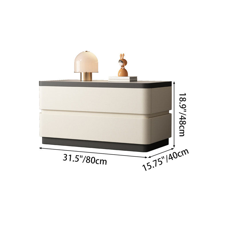 Modern Minimalist Rectangular Stone-Slab Solid Wood Nightstand with Cat's-Paw Leather, 2-Drawer Bedroom Table