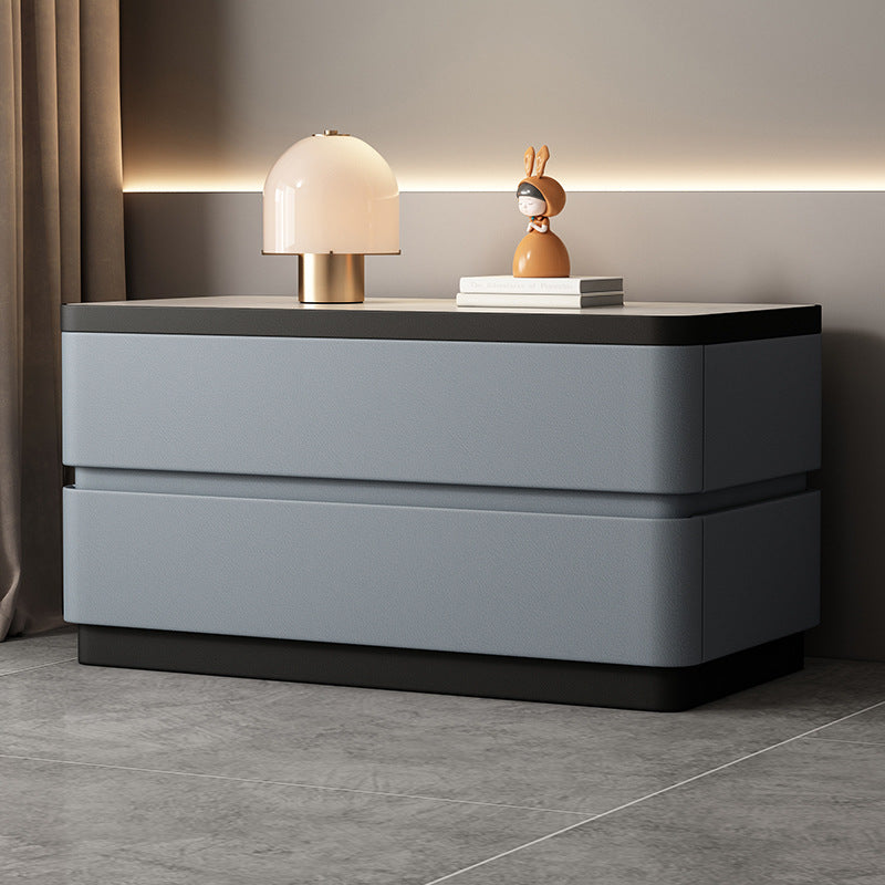 Modern Minimalist Rectangular Stone-Slab Solid Wood Nightstand with Cat's-Paw Leather, 2-Drawer Bedroom Table