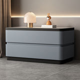 Modern Minimalist Rectangular Stone-Slab Solid Wood Nightstand with Cat's-Paw Leather, 2-Drawer Bedroom Table