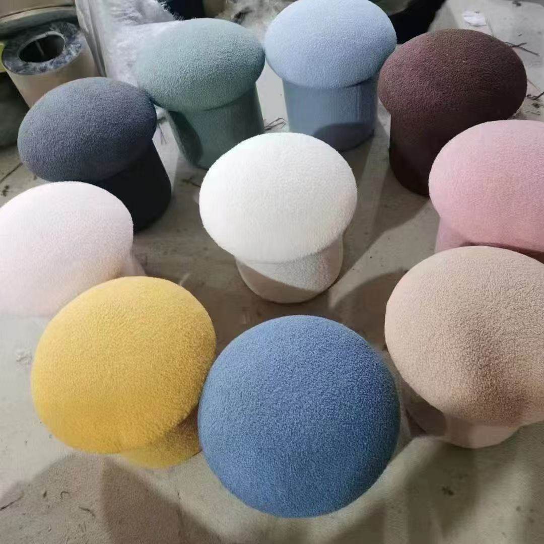 Modern Minimalist Mushroom-Cylinder Vanity Stool with Lambswool Upholstery and Wood Base for Bedroom