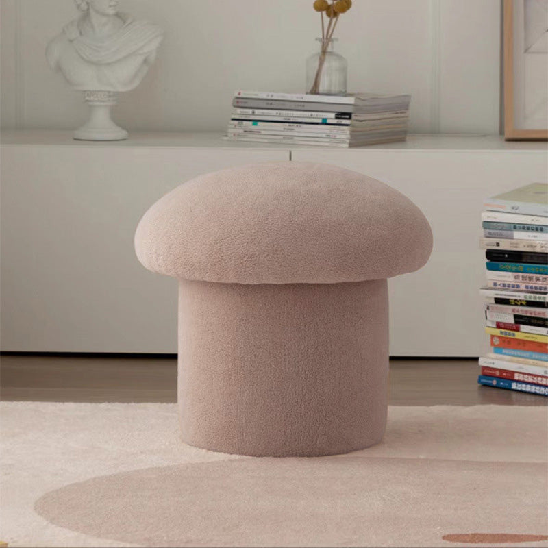 Modern Minimalist Mushroom-Cylinder Vanity Stool with Lambswool Upholstery and Wood Base for Bedroom