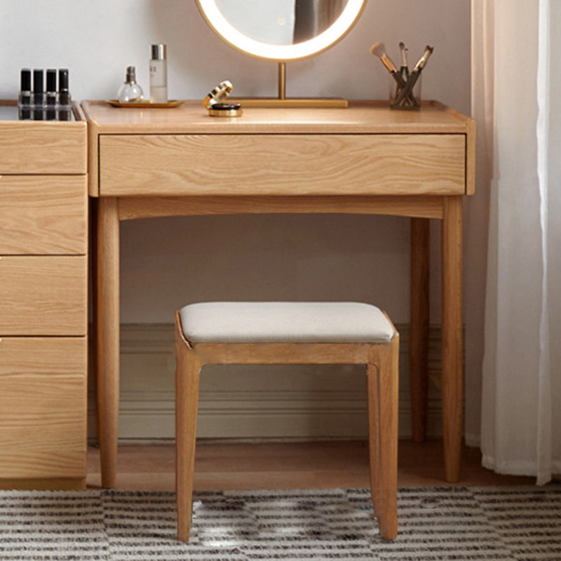 Modern Minimalist Rectangular Vanity Stool with Upholstered Fabric Seat and Wood Frame for Bedroom