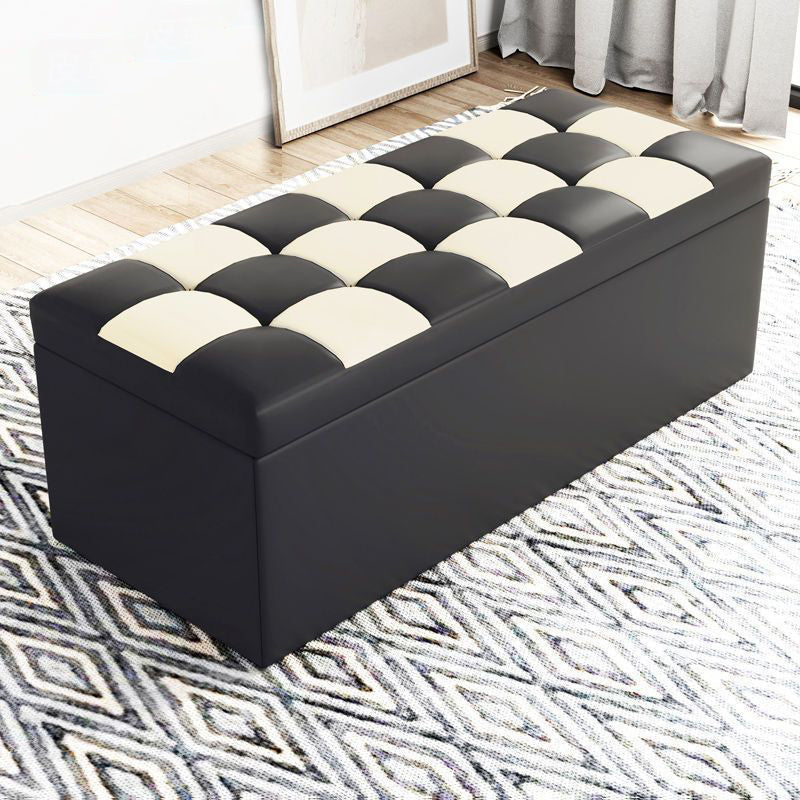 Modern Minimalist Rectangular Storage Bench in PU Leather with Faux Wood Panel – Ideal for Living Room