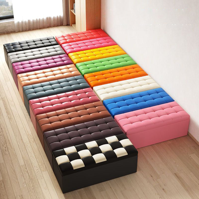 Modern Minimalist Rectangular Storage Bench in PU Leather with Faux Wood Panel – Ideal for Living Room
