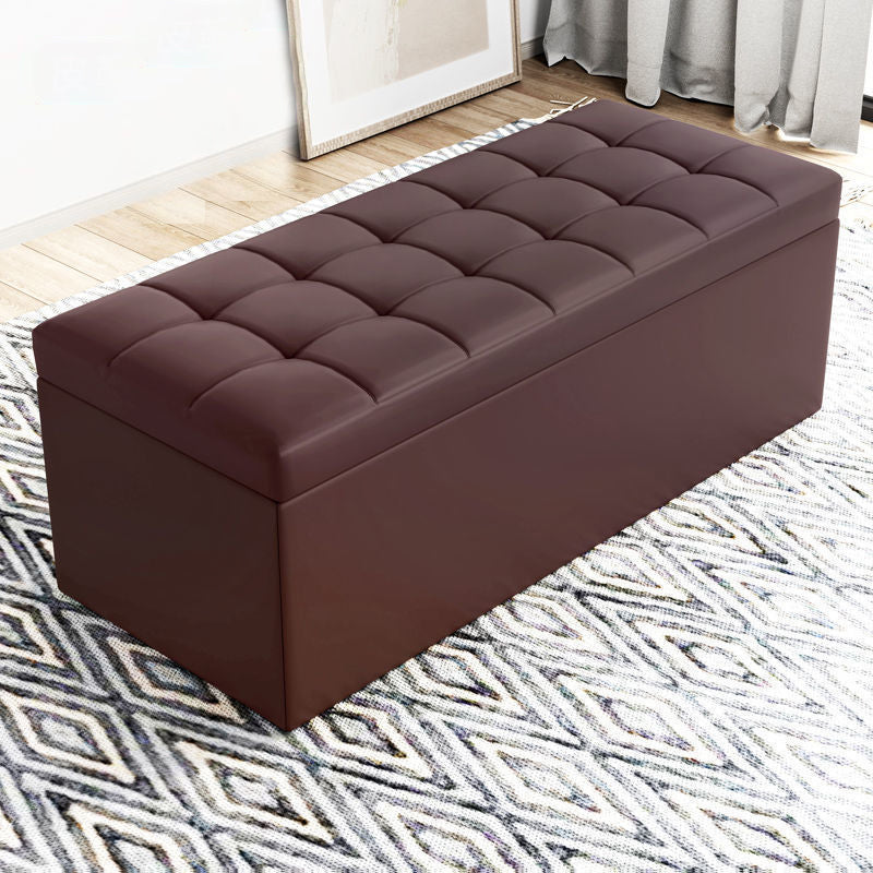 Modern Minimalist Rectangular Storage Bench in PU Leather with Faux Wood Panel – Ideal for Living Room