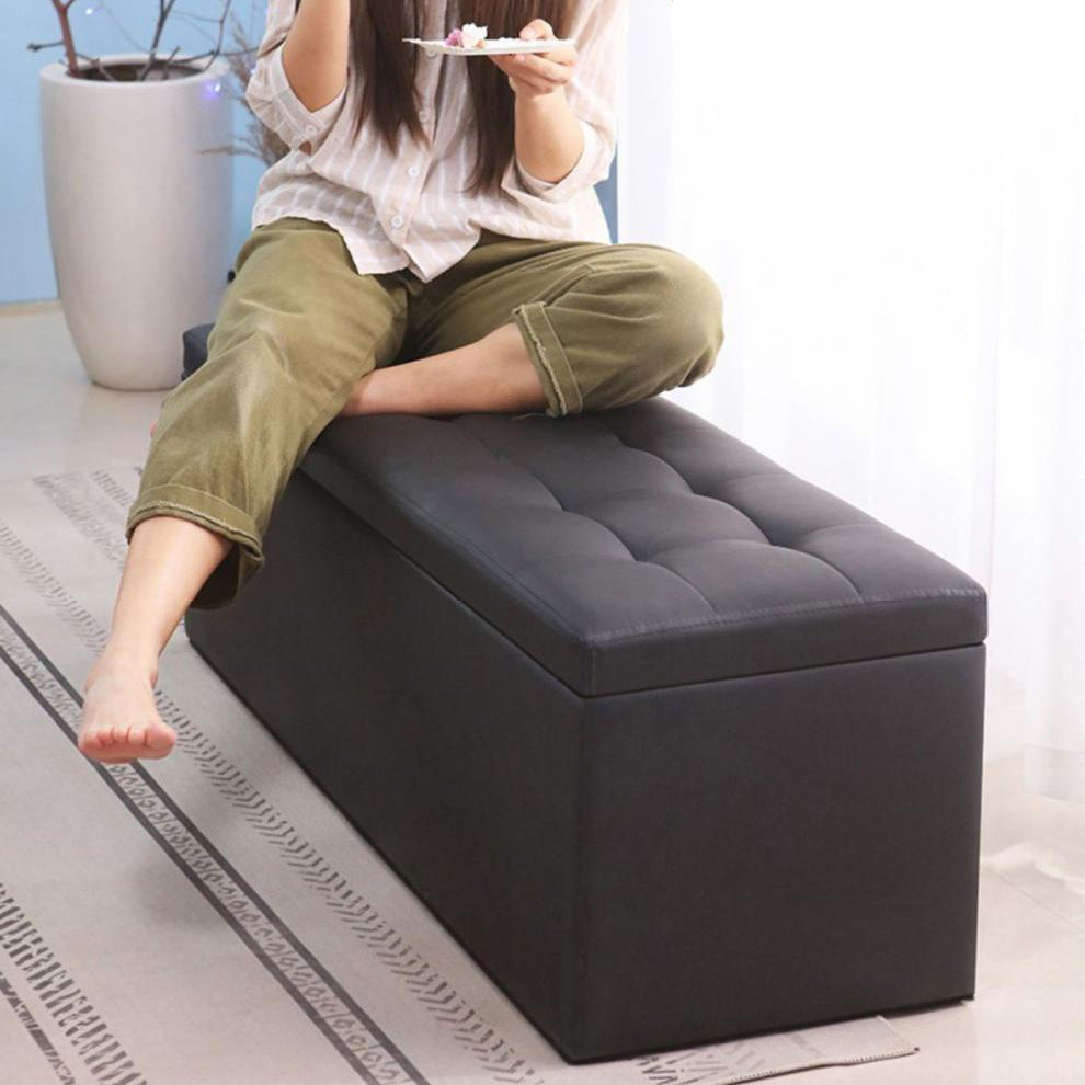 Modern Minimalist Rectangular Storage Bench in PU Leather with Faux Wood Panel – Ideal for Living Room