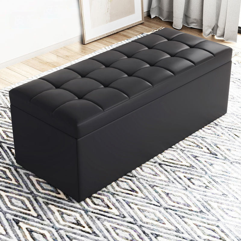 Modern Minimalist Rectangular Storage Bench in PU Leather with Faux Wood Panel – Ideal for Living Room