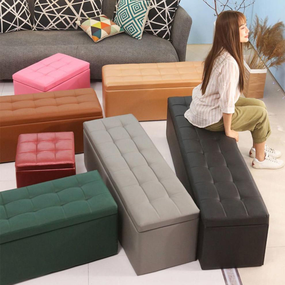 Modern Minimalist Rectangular Storage Bench in PU Leather with Faux Wood Panel – Ideal for Living Room