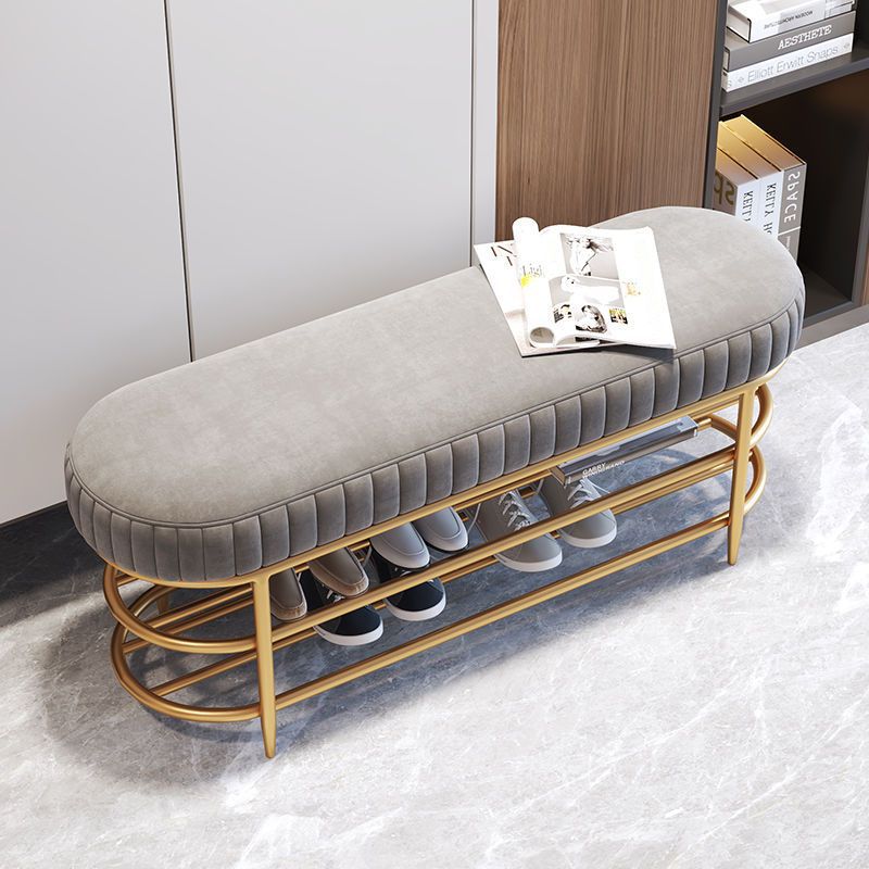 Luxurious Contemporary Oval Iron Crystal Velvet 2-Tier Shoe Storage Bench for Entryways