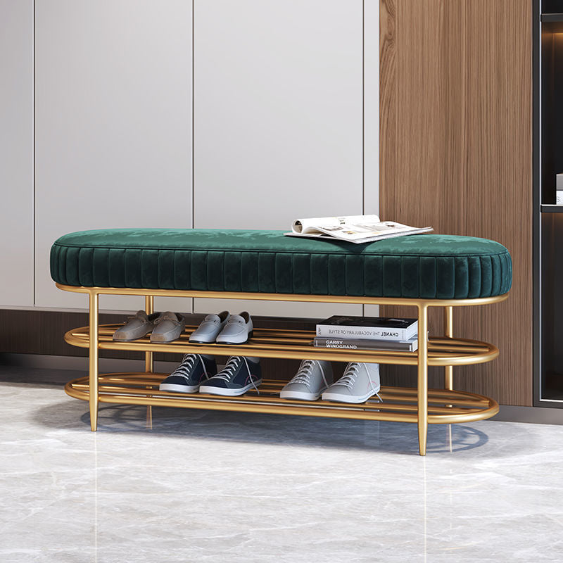 Luxurious Contemporary Oval Iron Crystal Velvet 2-Tier Shoe Storage Bench for Entryways