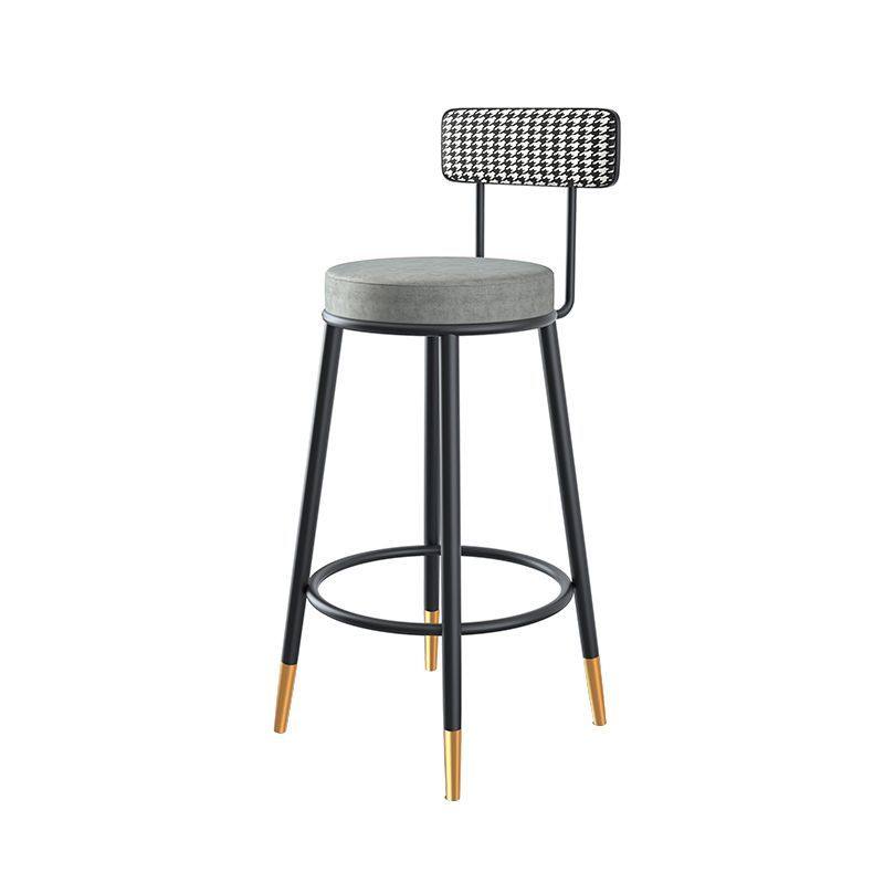 Sleek Contemporary Nordic Round Bar Stool Upholstered in Cotton-Linen Fabric with Backrest and Footrest for Dining Room