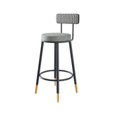 Sleek Contemporary Nordic Round Bar Stool Upholstered in Cotton-Linen Fabric with Backrest and Footrest for Dining Room