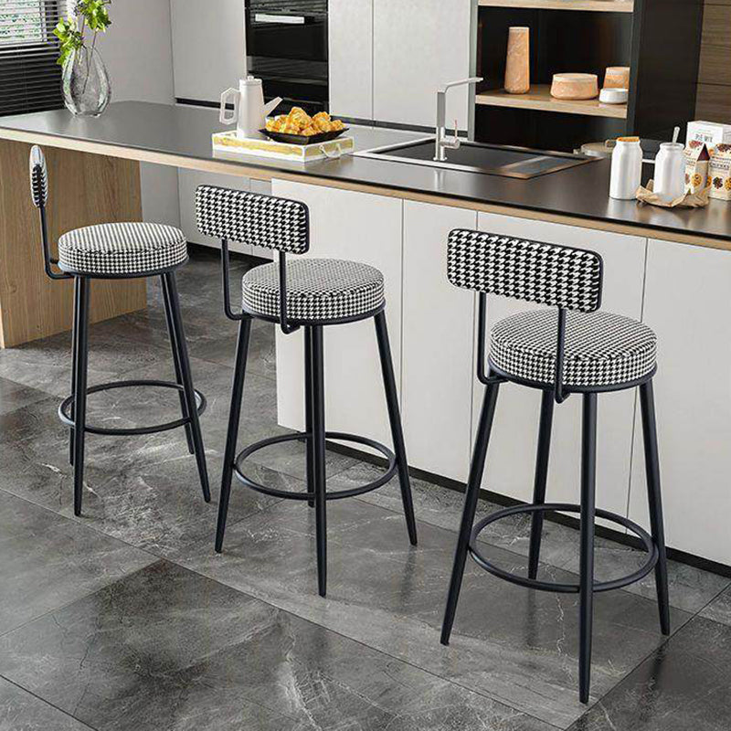 Sleek Contemporary Nordic Round Bar Stool Upholstered in Cotton-Linen Fabric with Backrest and Footrest for Dining Room
