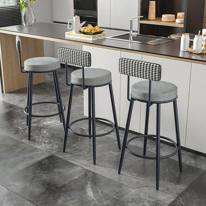 Sleek Contemporary Nordic Round Bar Stool Upholstered in Cotton-Linen Fabric with Backrest and Footrest for Dining Room