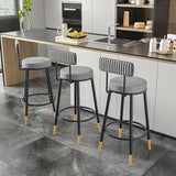 Sleek Contemporary Nordic Round Bar Stool Upholstered in Cotton-Linen Fabric with Backrest and Footrest for Dining Room