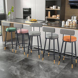 Sleek Contemporary Nordic Round Bar Stool Upholstered in Cotton-Linen Fabric with Backrest and Footrest for Dining Room