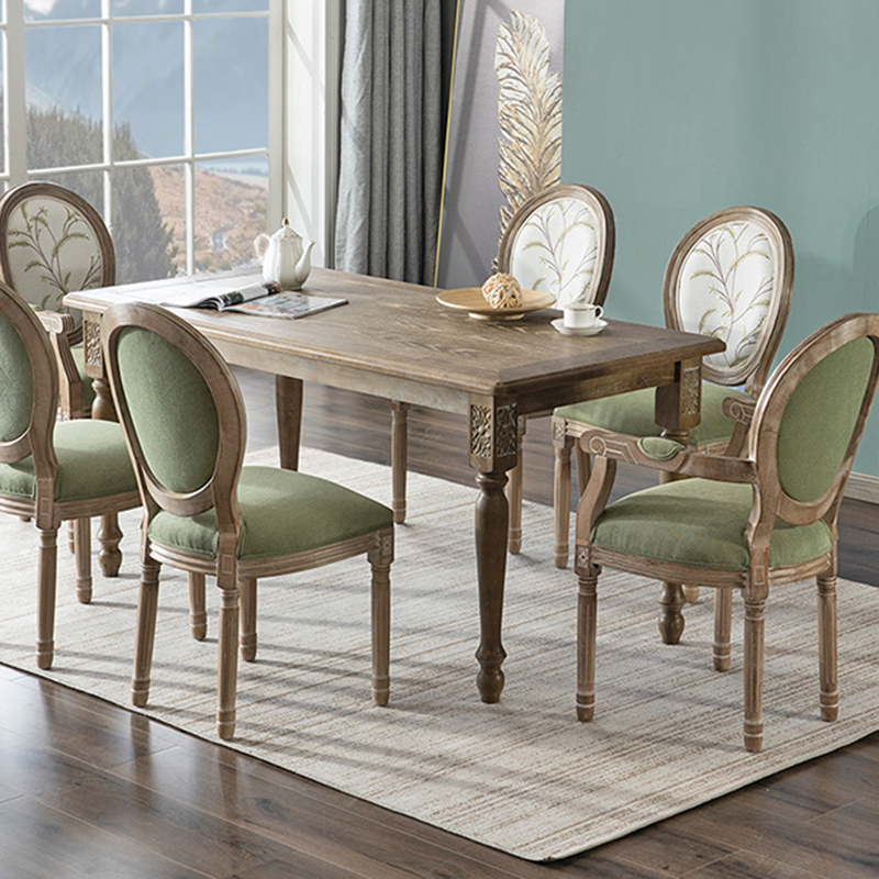 Elegant Traditional European Velvet Dining Chair with Curved Distressed Wood Frame and Round Back for Dining Room