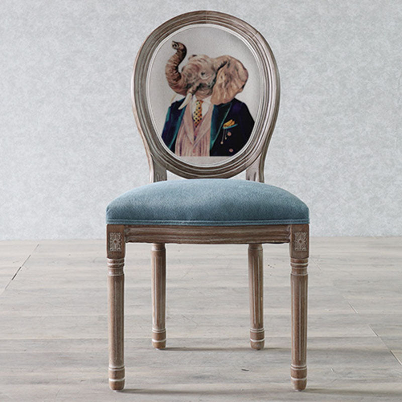 Elegant Traditional European Velvet Dining Chair with Curved Distressed Wood Frame and Round Back for Dining Room