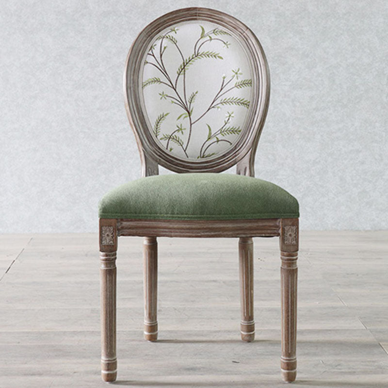 Elegant Traditional European Velvet Dining Chair with Curved Distressed Wood Frame and Round Back for Dining Room