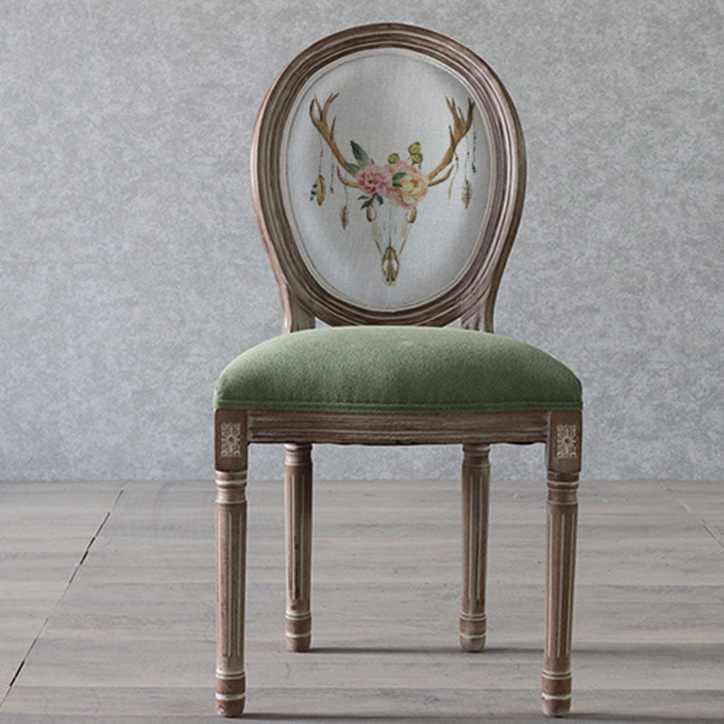 Elegant Traditional European Velvet Dining Chair with Curved Distressed Wood Frame and Round Back for Dining Room