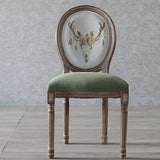 Elegant Traditional European Velvet Dining Chair with Curved Distressed Wood Frame and Round Back for Dining Room