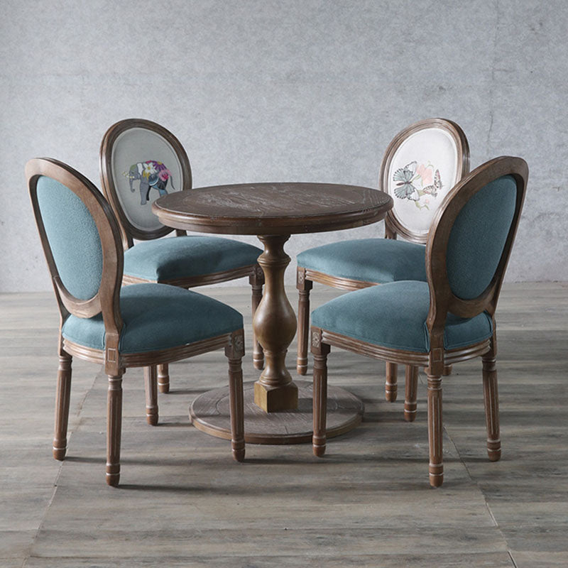 Elegant Traditional European Velvet Dining Chair with Curved Distressed Wood Frame and Round Back for Dining Room