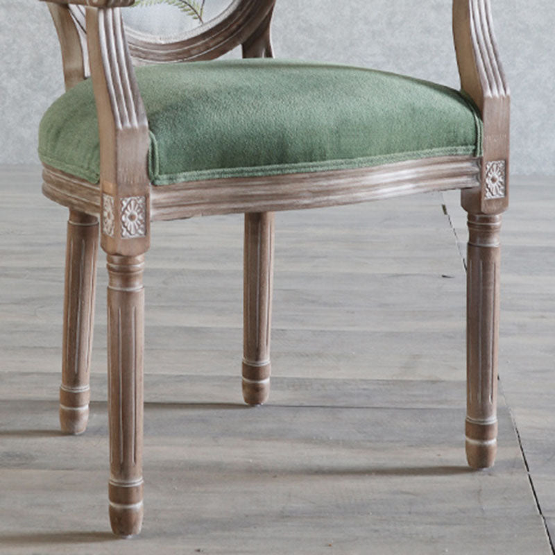 Elegant Traditional European Velvet Dining Chair with Curved Distressed Wood Frame and Round Back for Dining Room