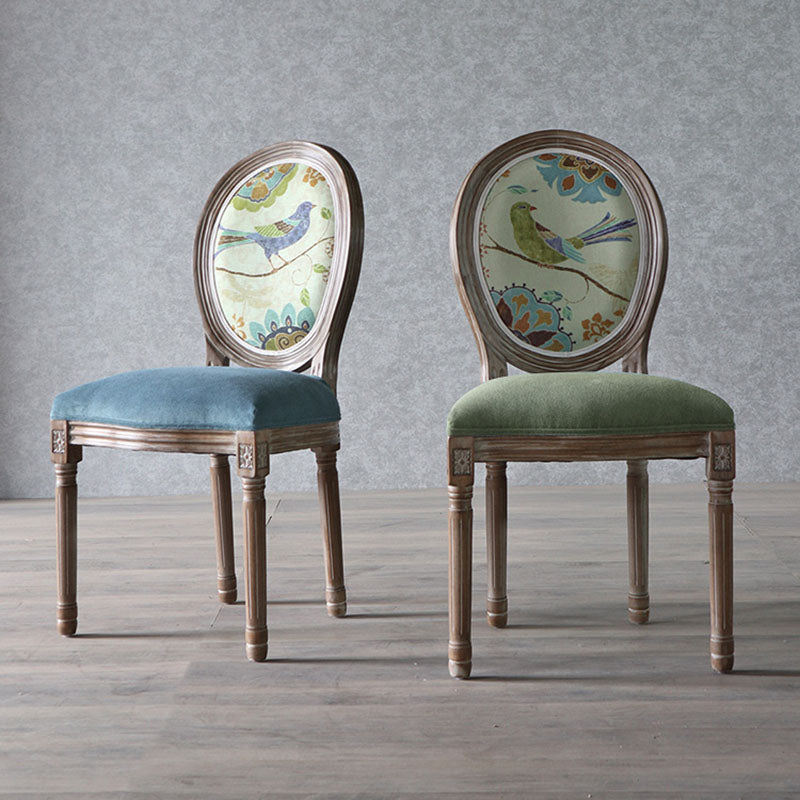 Elegant Traditional European Velvet Dining Chair with Curved Distressed Wood Frame and Round Back for Dining Room