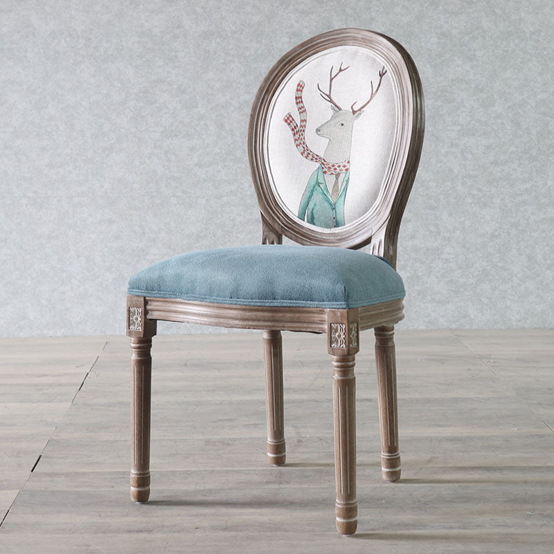 Elegant Traditional European Velvet Dining Chair with Curved Distressed Wood Frame and Round Back for Dining Room