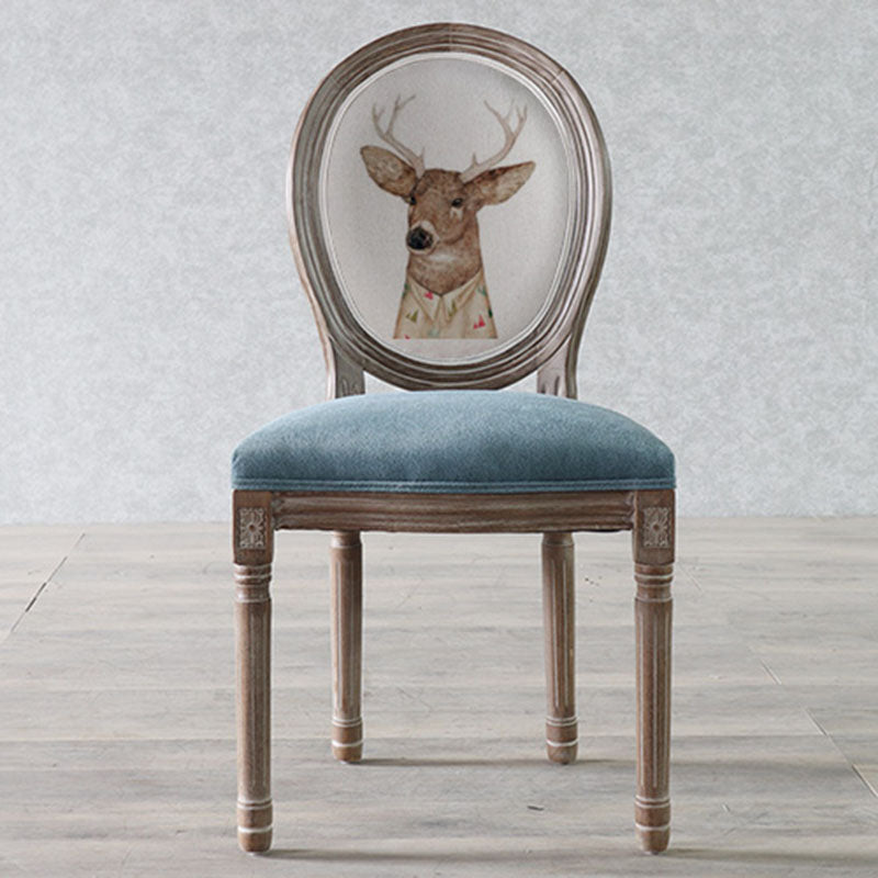 Elegant Traditional European Velvet Dining Chair with Curved Distressed Wood Frame and Round Back for Dining Room