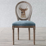Elegant Traditional European Velvet Dining Chair with Curved Distressed Wood Frame and Round Back for Dining Room
