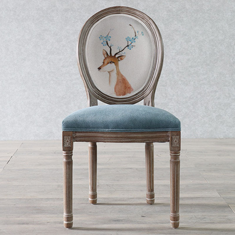 Elegant Traditional European Velvet Dining Chair with Curved Distressed Wood Frame and Round Back for Dining Room