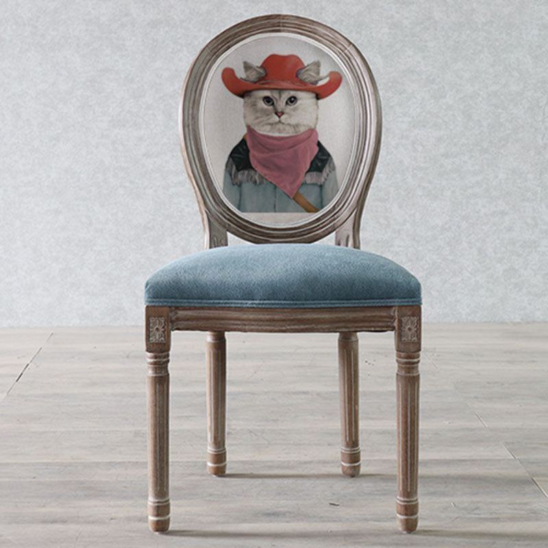 Elegant Traditional European Velvet Dining Chair with Curved Distressed Wood Frame and Round Back for Dining Room
