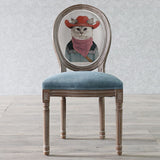 Elegant Traditional European Velvet Dining Chair with Curved Distressed Wood Frame and Round Back for Dining Room