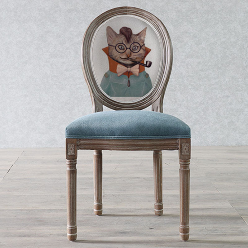 Elegant Traditional European Velvet Dining Chair with Curved Distressed Wood Frame and Round Back for Dining Room
