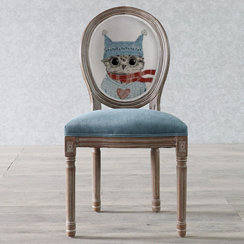 Elegant Traditional European Velvet Dining Chair with Curved Distressed Wood Frame and Round Back for Dining Room