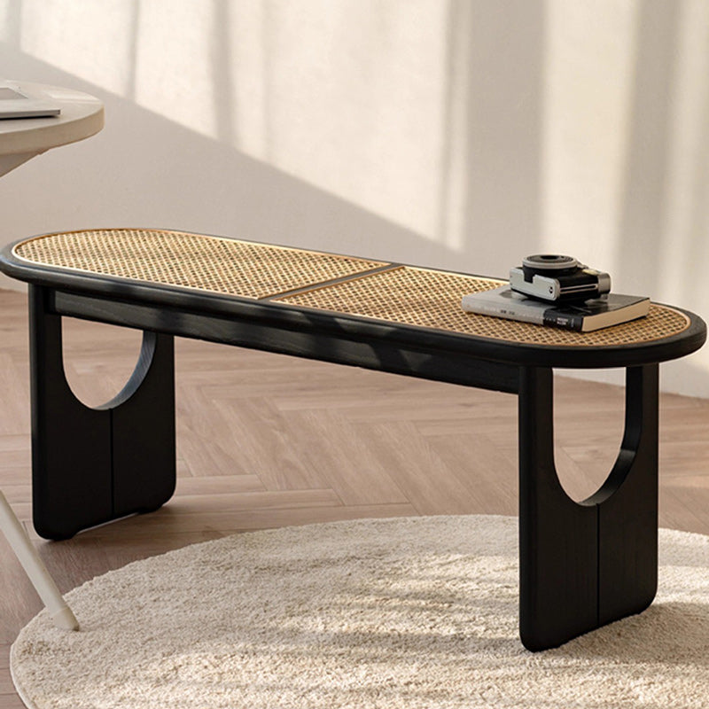 Sleek Contemporary Scandinavian Ellipse PE Rattan-Woven Rubberwood Backless and Armless Living Room Bench