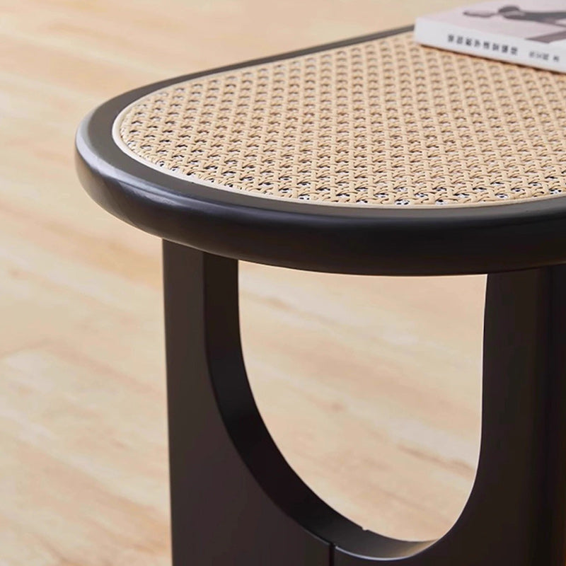 Sleek Contemporary Scandinavian Ellipse PE Rattan-Woven Rubberwood Backless and Armless Living Room Bench