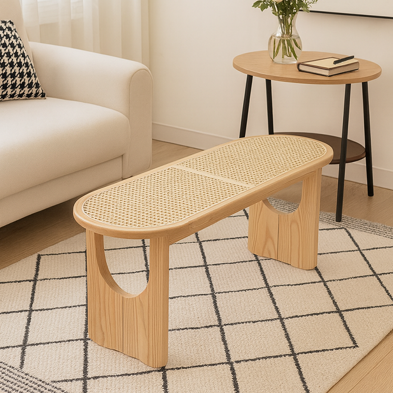 Sleek Contemporary Scandinavian Ellipse PE Rattan-Woven Rubberwood Backless and Armless Living Room Bench