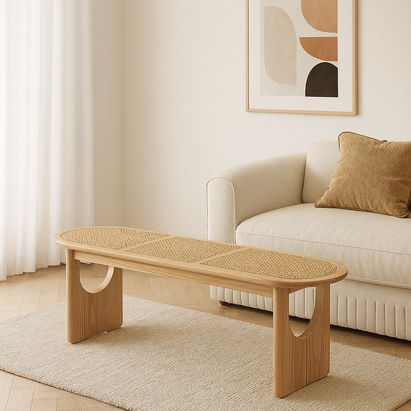 Sleek Contemporary Scandinavian Ellipse PE Rattan-Woven Rubberwood Backless and Armless Living Room Bench