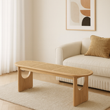 Sleek Contemporary Scandinavian Ellipse PE Rattan-Woven Rubberwood Backless and Armless Living Room Bench