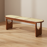 Sleek Contemporary Scandinavian Ellipse PE Rattan-Woven Rubberwood Backless and Armless Living Room Bench